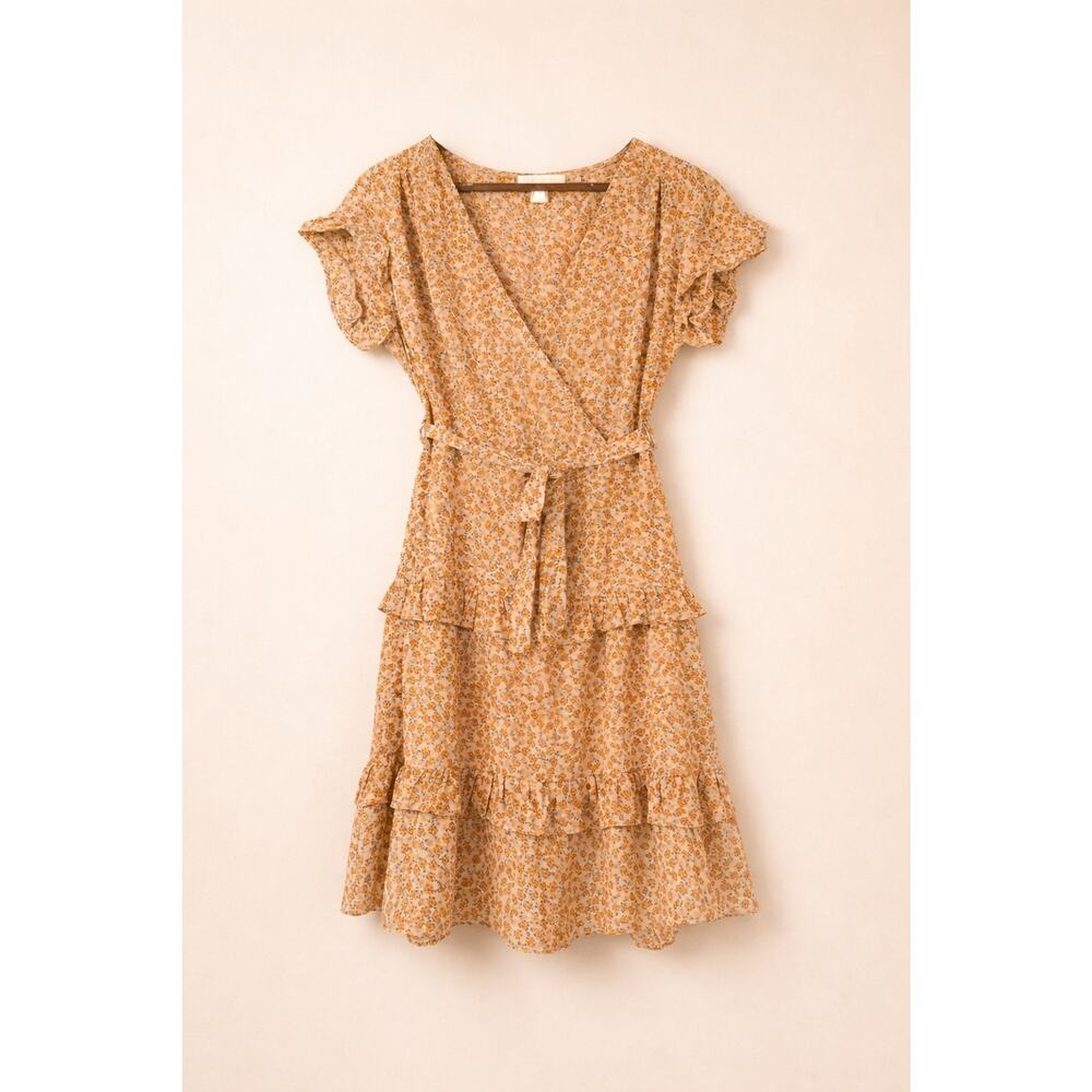 Monteau Los Angeles Floral Wrap Dress Size S Boho Tie Waist Ruffle Midi